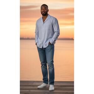 NITA Fashions Custom Men's XL White Blue Stripe Button Down Shirt Monogram DKC